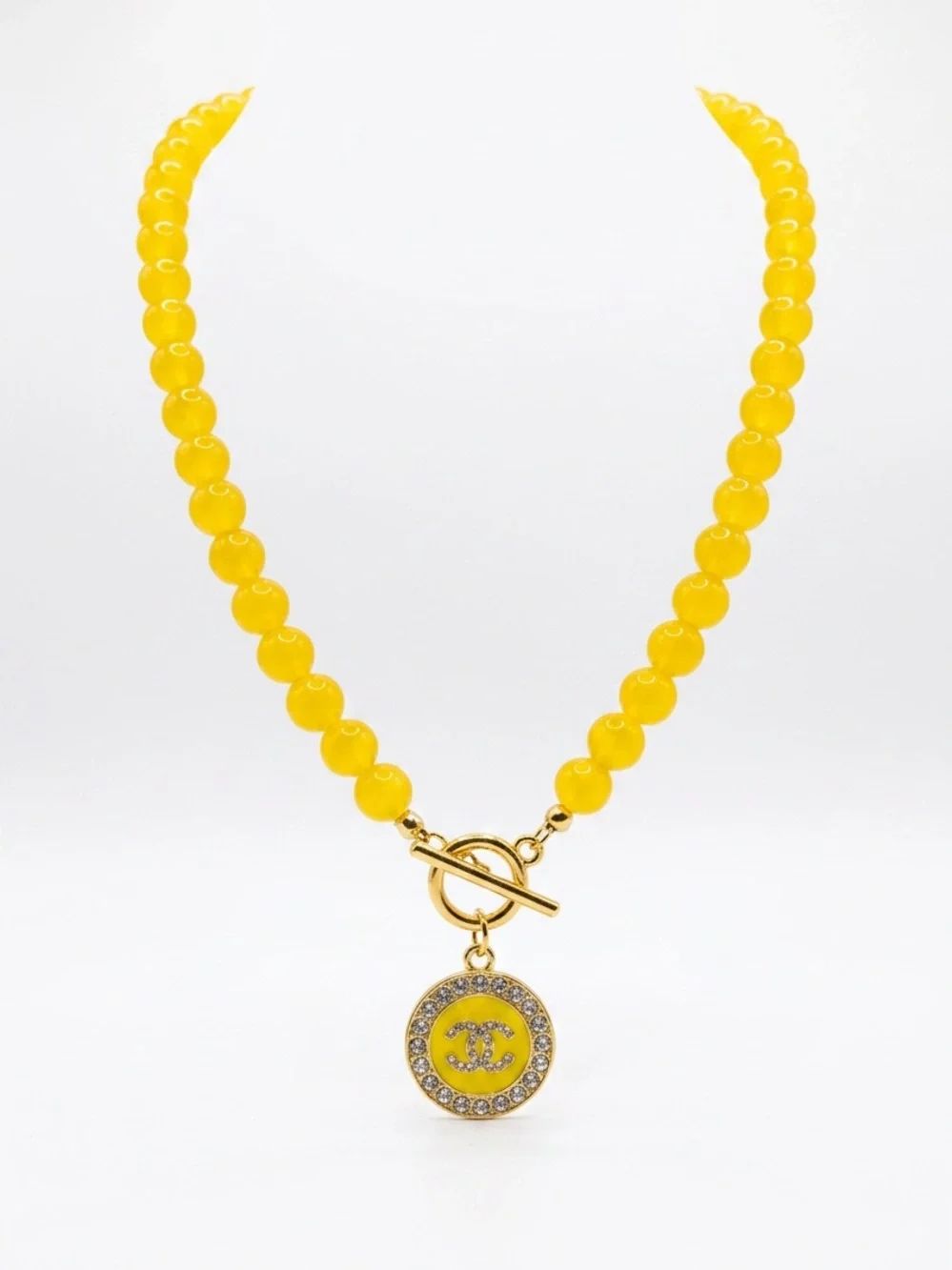 Yellow Beaded Pendant Necklace with Gold Accents